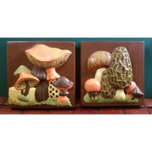 Vintage Pair Of Mushroom Plaster Wall Hanging Decor 5.25"x5.25"x1"